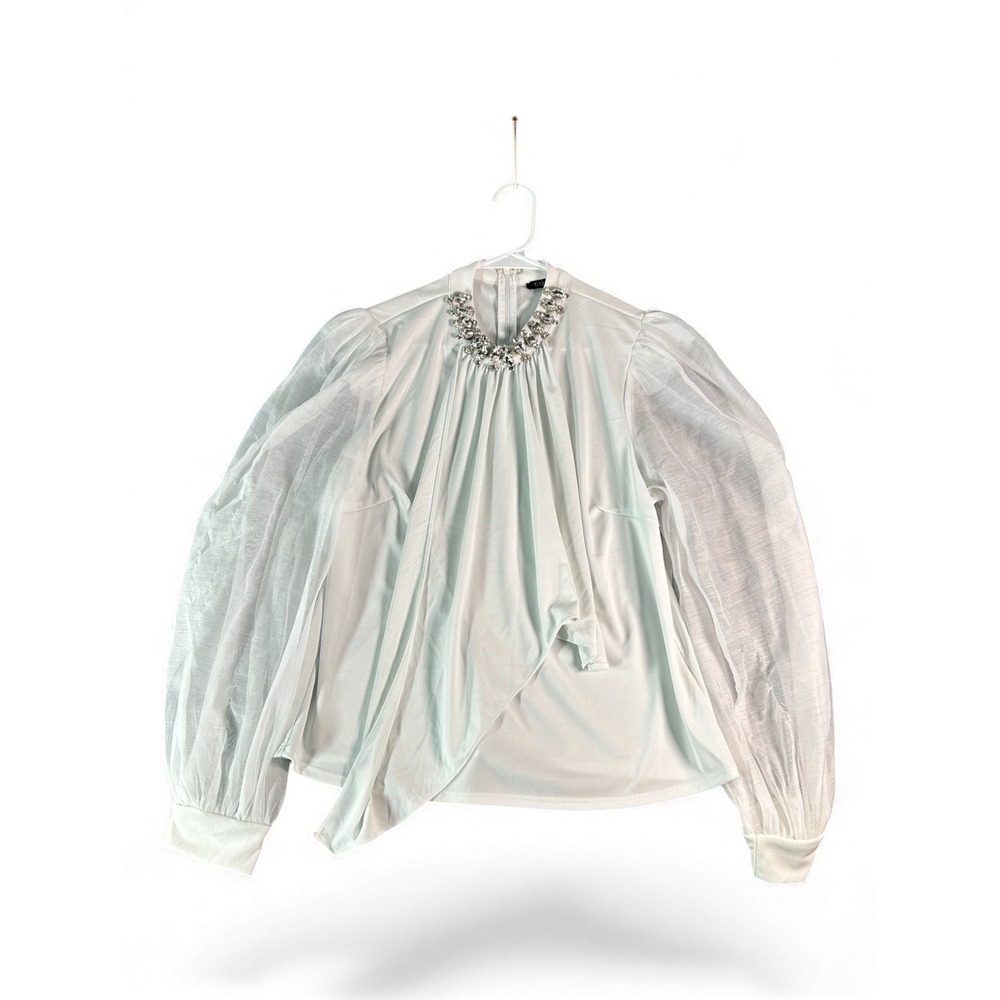 CQ by CQ Women's White Rhinestone Embellished Mock Neck Puff Sleeve Blouse Top L